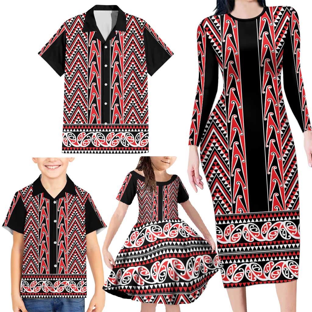 New Zealand Maori Niho Taniwha Family Matching Long Sleeve Bodycon Dress and Hawaiian Shirt Whero Mangopare and Puhoro Pattern