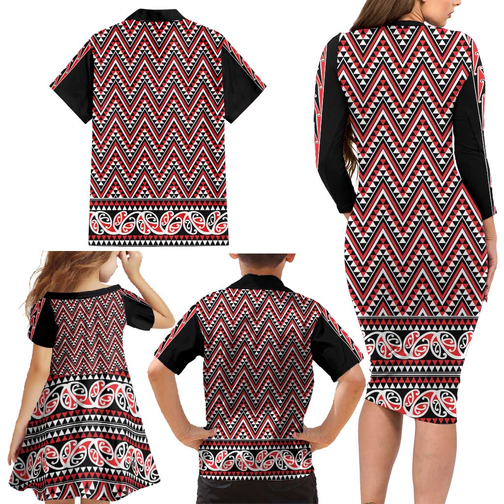 New Zealand Maori Niho Taniwha Family Matching Long Sleeve Bodycon Dress and Hawaiian Shirt Whero Mangopare and Puhoro Pattern