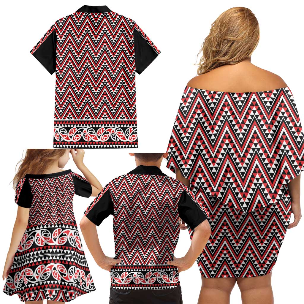 New Zealand Maori Niho Taniwha Family Matching Off Shoulder Short Dress and Hawaiian Shirt Whero Mangopare and Puhoro Pattern