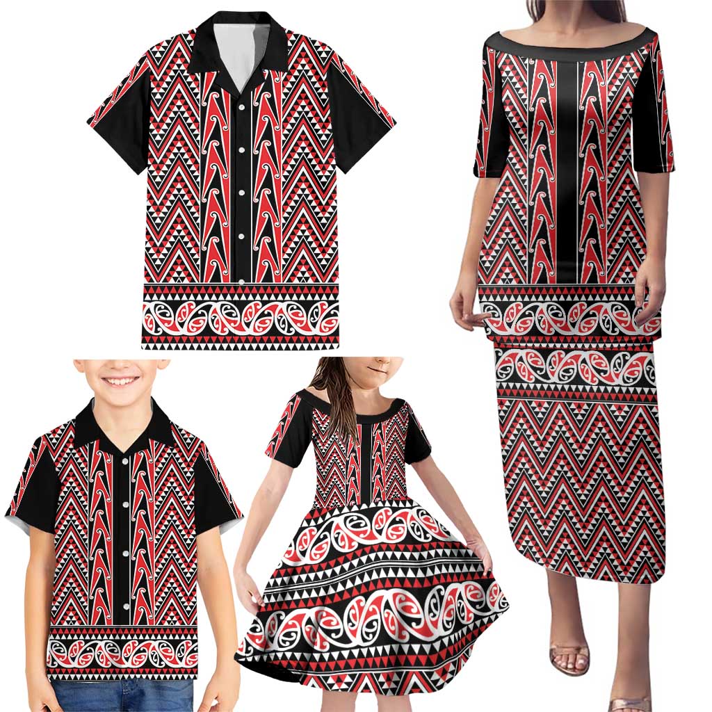 New Zealand Maori Niho Taniwha Family Matching Puletasi and Hawaiian Shirt Whero Mangopare and Puhoro Pattern