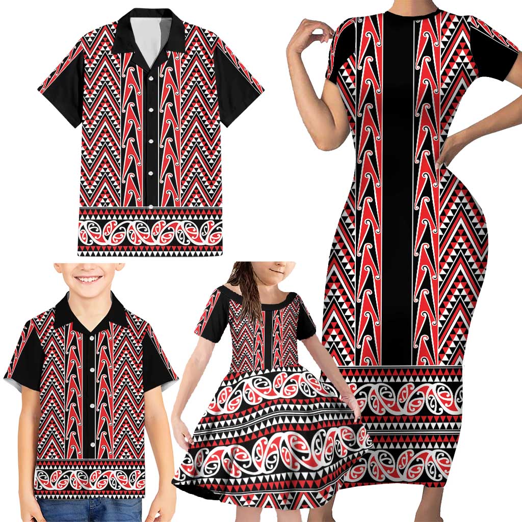 New Zealand Maori Niho Taniwha Family Matching Short Sleeve Bodycon Dress and Hawaiian Shirt Whero Mangopare and Puhoro Pattern