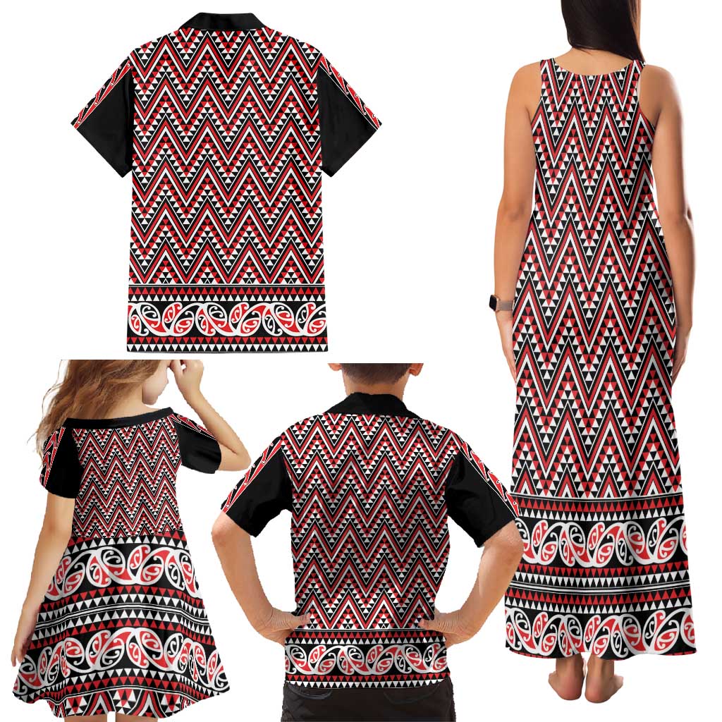 New Zealand Maori Niho Taniwha Family Matching Tank Maxi Dress and Hawaiian Shirt Whero Mangopare and Puhoro Pattern