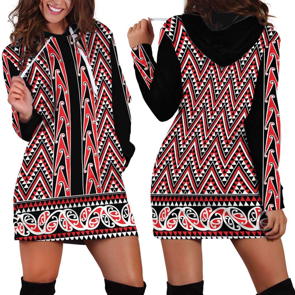 New Zealand Maori Niho Taniwha Hoodie Dress Whero Mangopare and Puhoro Pattern
