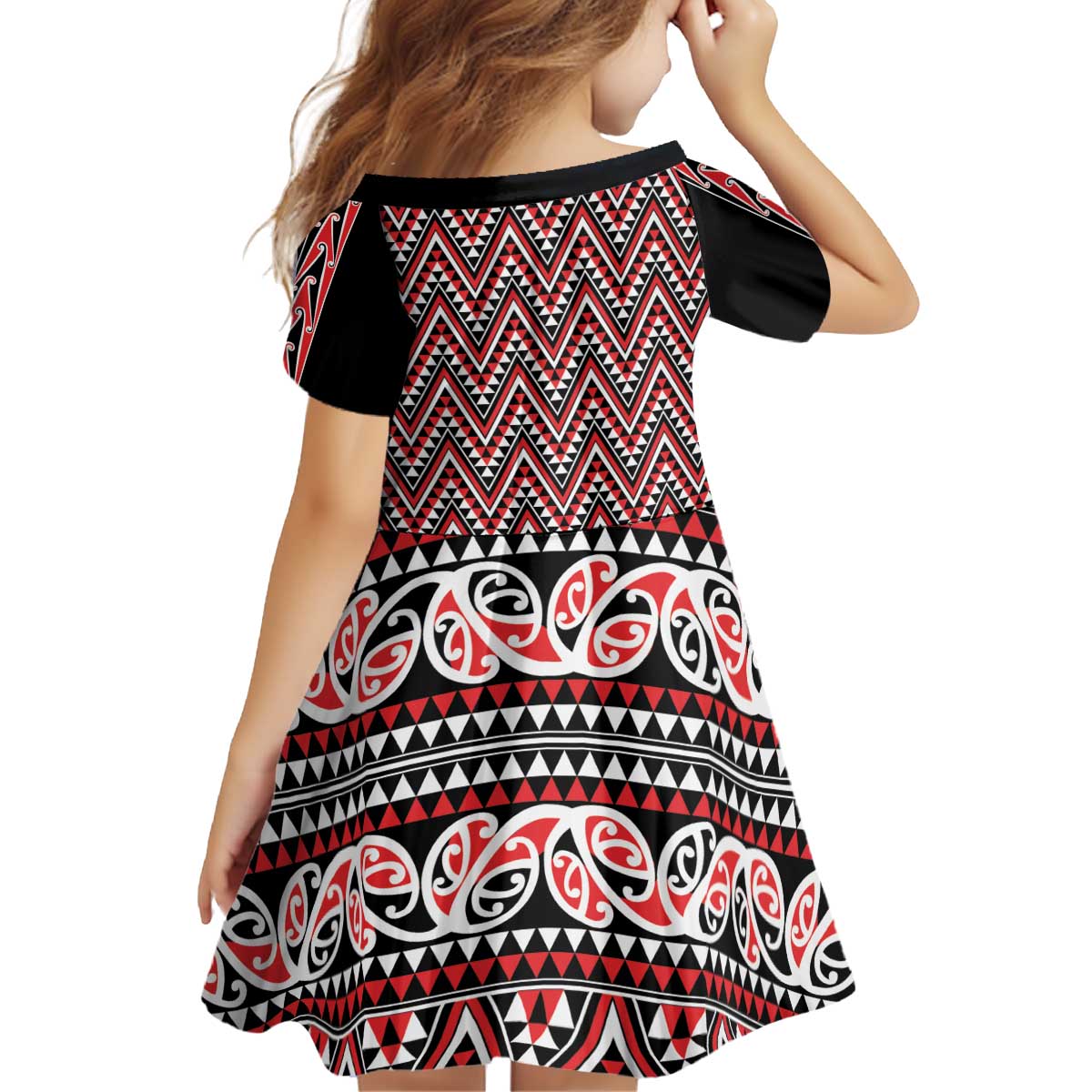 New Zealand Maori Niho Taniwha Kid Short Sleeve Dress Whero Mangopare and Puhoro Pattern