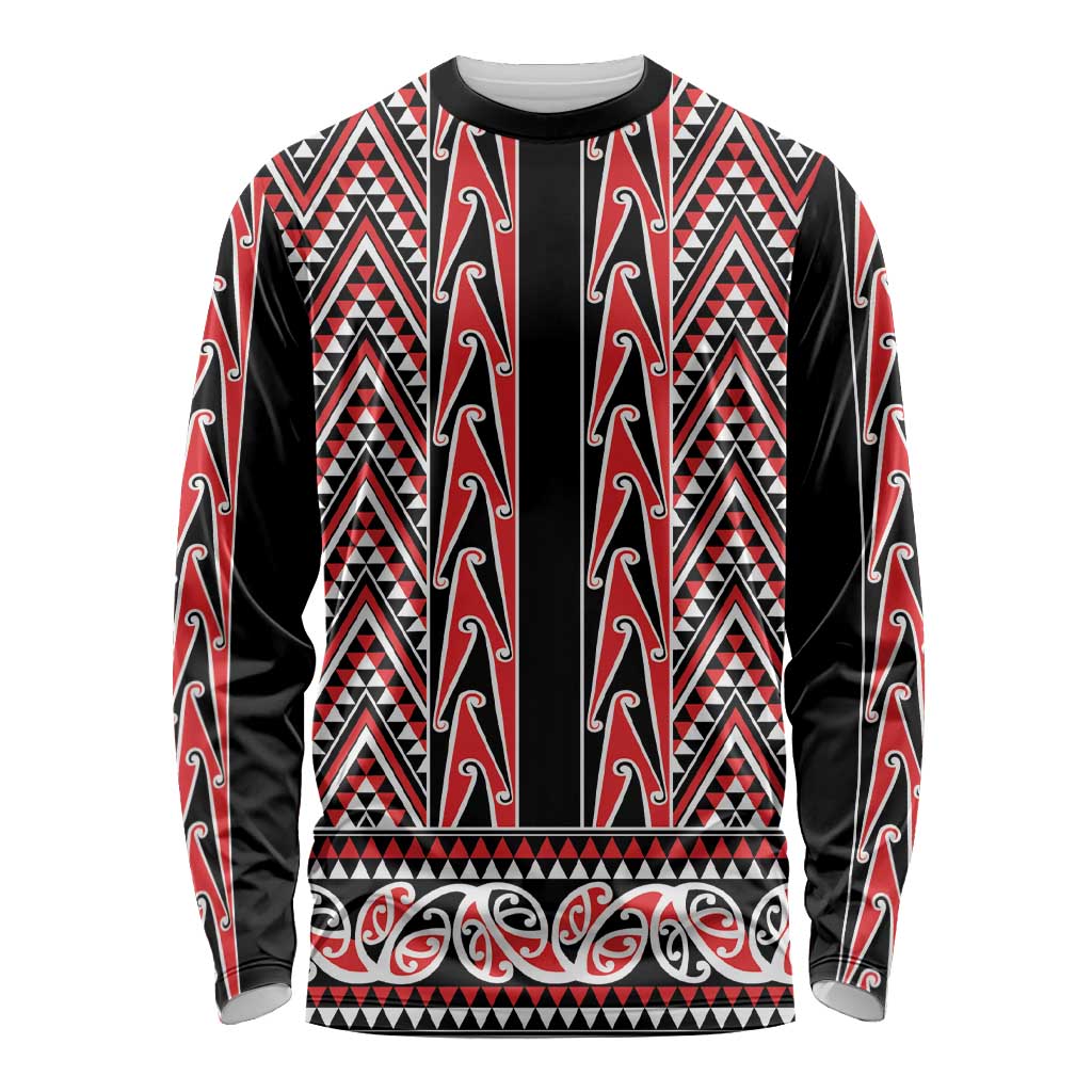 New Zealand Maori Niho Taniwha Long Sleeve Shirt Whero Mangopare and Puhoro Pattern