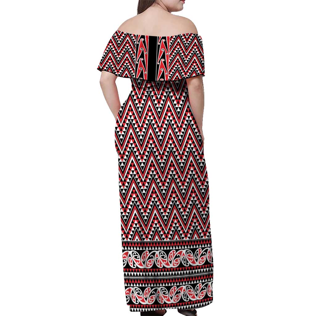 New Zealand Maori Niho Taniwha Off Shoulder Maxi Dress Whero Mangopare and Puhoro Pattern