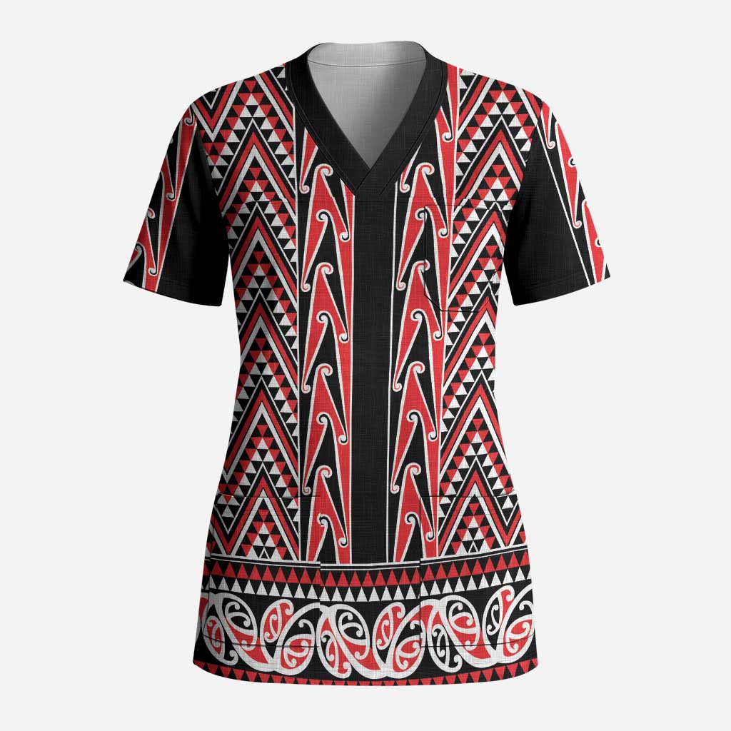 New Zealand Maori Niho Taniwha Scrub Top Whero Mangopare and Puhoro Pattern - Polynesian Pride
