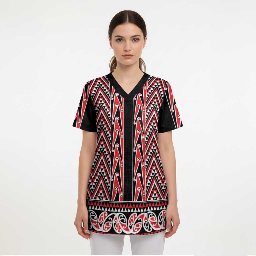 New Zealand Maori Niho Taniwha Scrub Top Whero Mangopare and Puhoro Pattern - Polynesian Pride