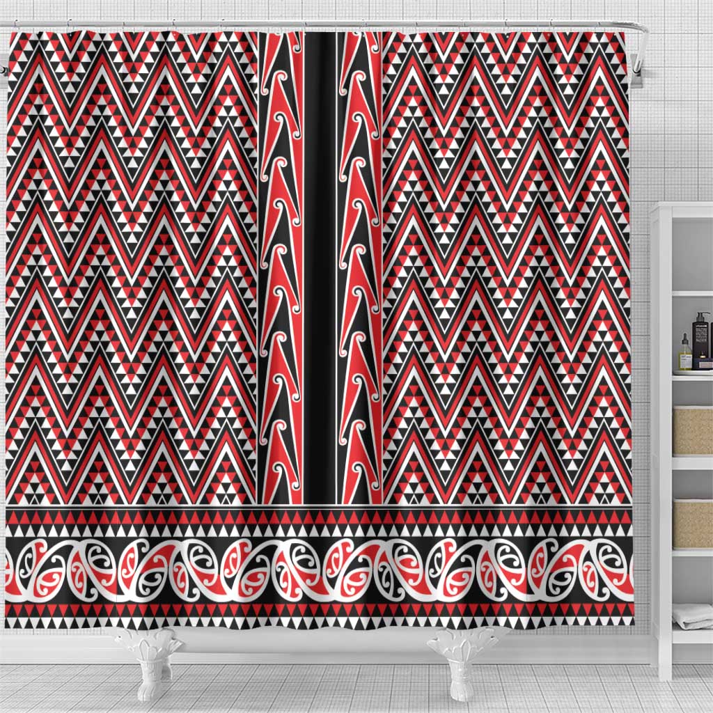 New Zealand Maori Niho Taniwha Shower Curtain Whero Mangopare and Puhoro Pattern