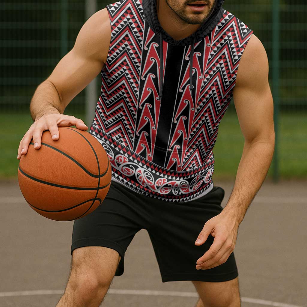 New Zealand Maori Niho Taniwha Sleeveless Hoodie Whero Mangopare and Puhoro Pattern LT9 - Polynesian Pride