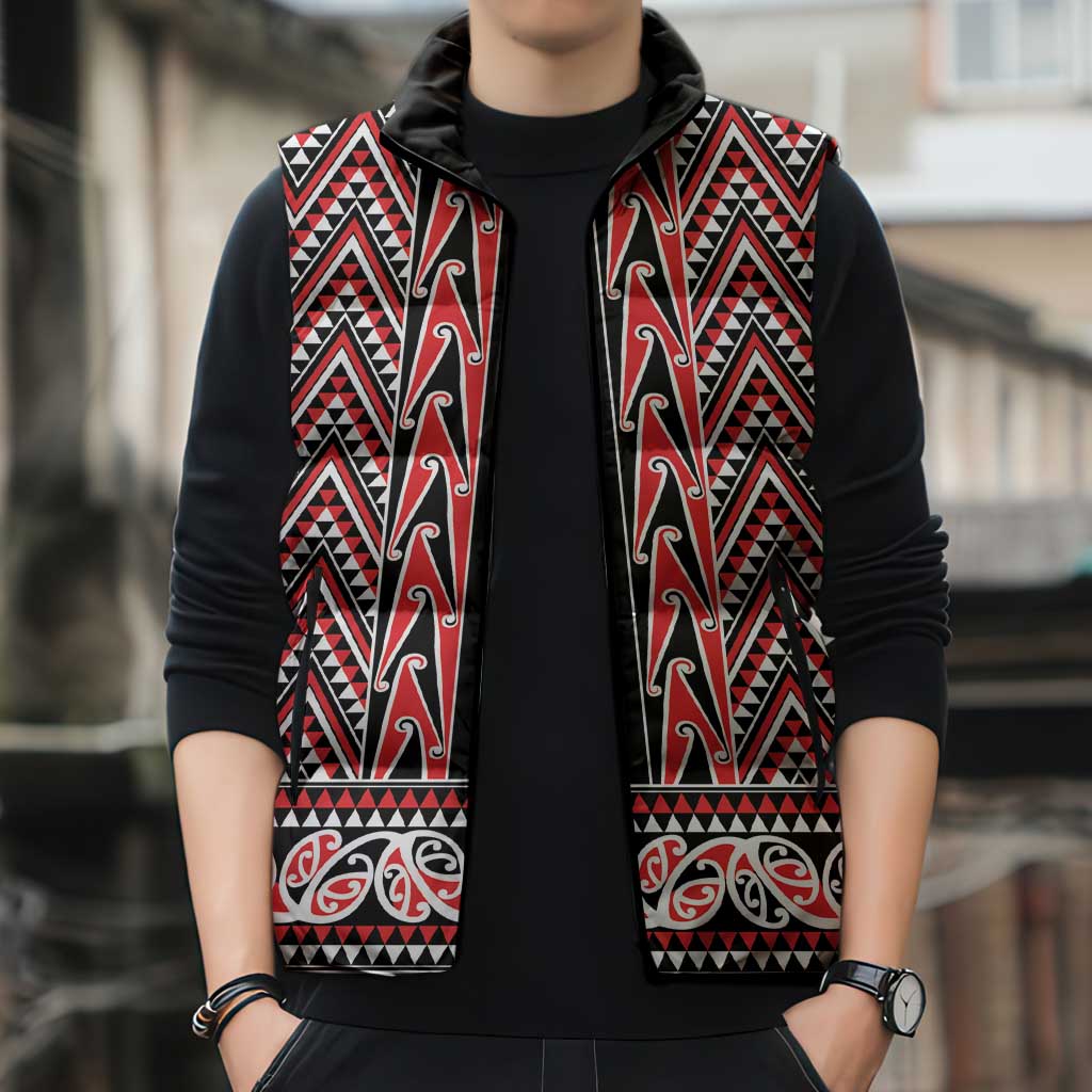 New Zealand Maori Niho Taniwha Sleeveless Puffer Jacket Whero Mangopare and Puhoro Pattern - Polynesian Pride