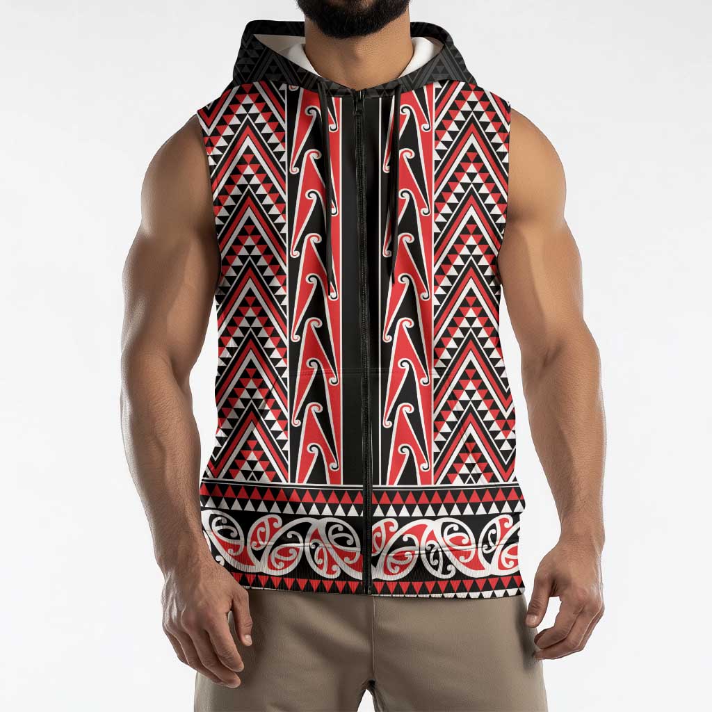 New Zealand Maori Niho Taniwha Sleeveless Zip Hoodie Whero Mangopare and Puhoro Pattern LT9 - Polynesian Pride