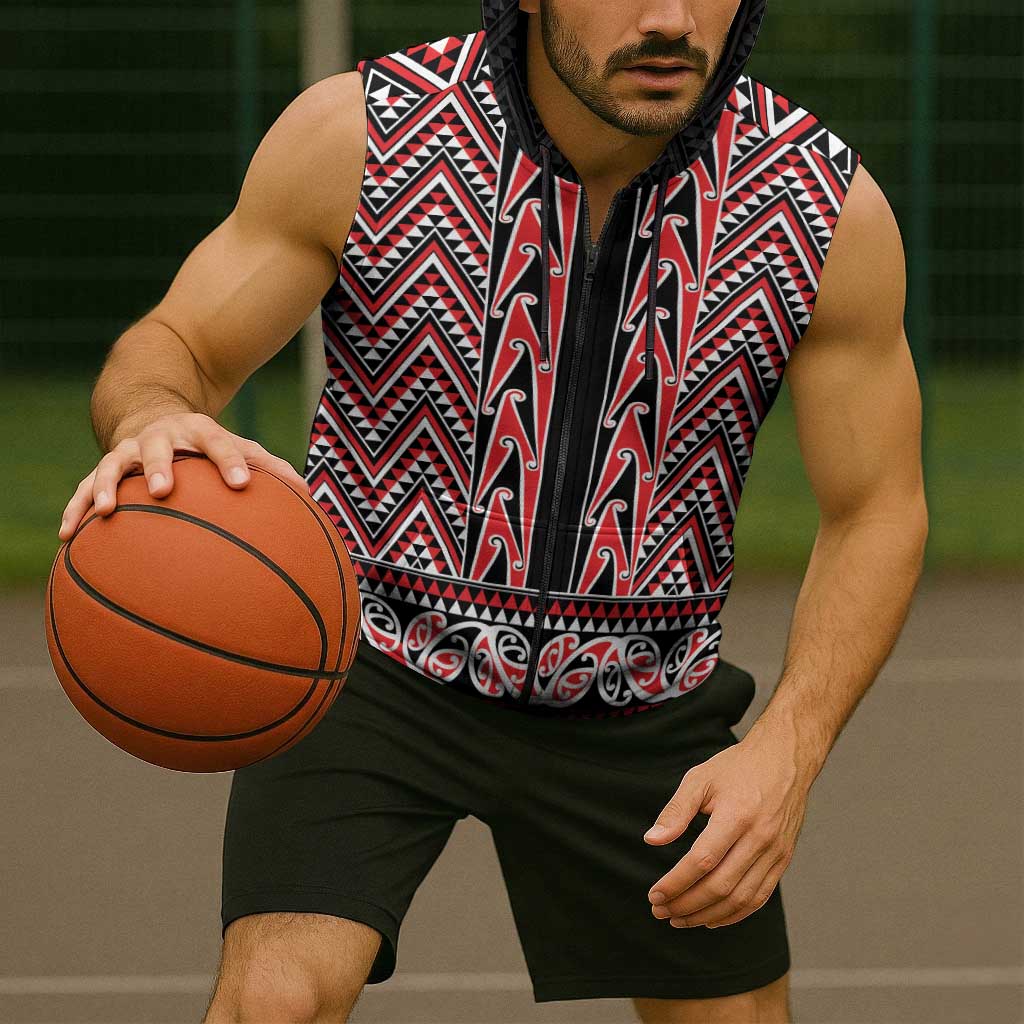 New Zealand Maori Niho Taniwha Sleeveless Zip Hoodie Whero Mangopare and Puhoro Pattern LT9 - Polynesian Pride