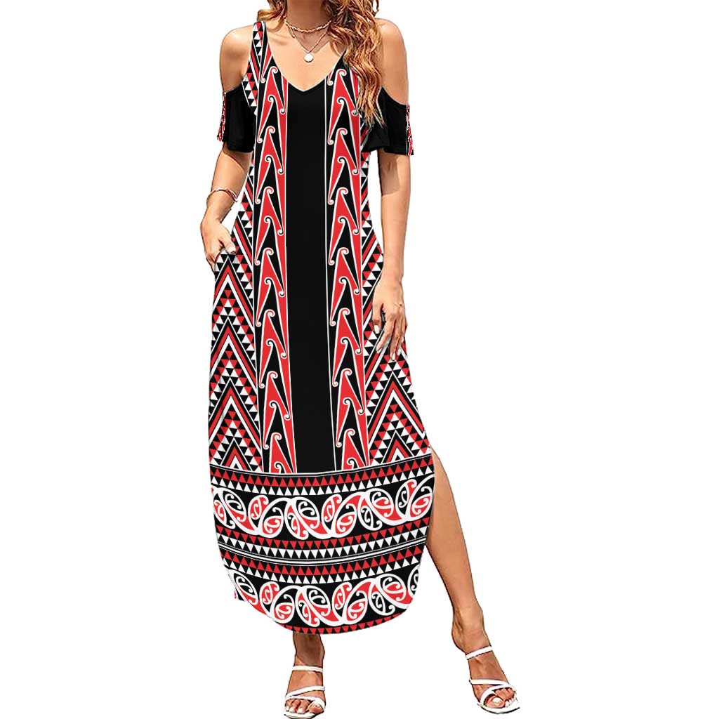 New Zealand Maori Niho Taniwha Summer Maxi Dress Whero Mangopare and Puhoro Pattern