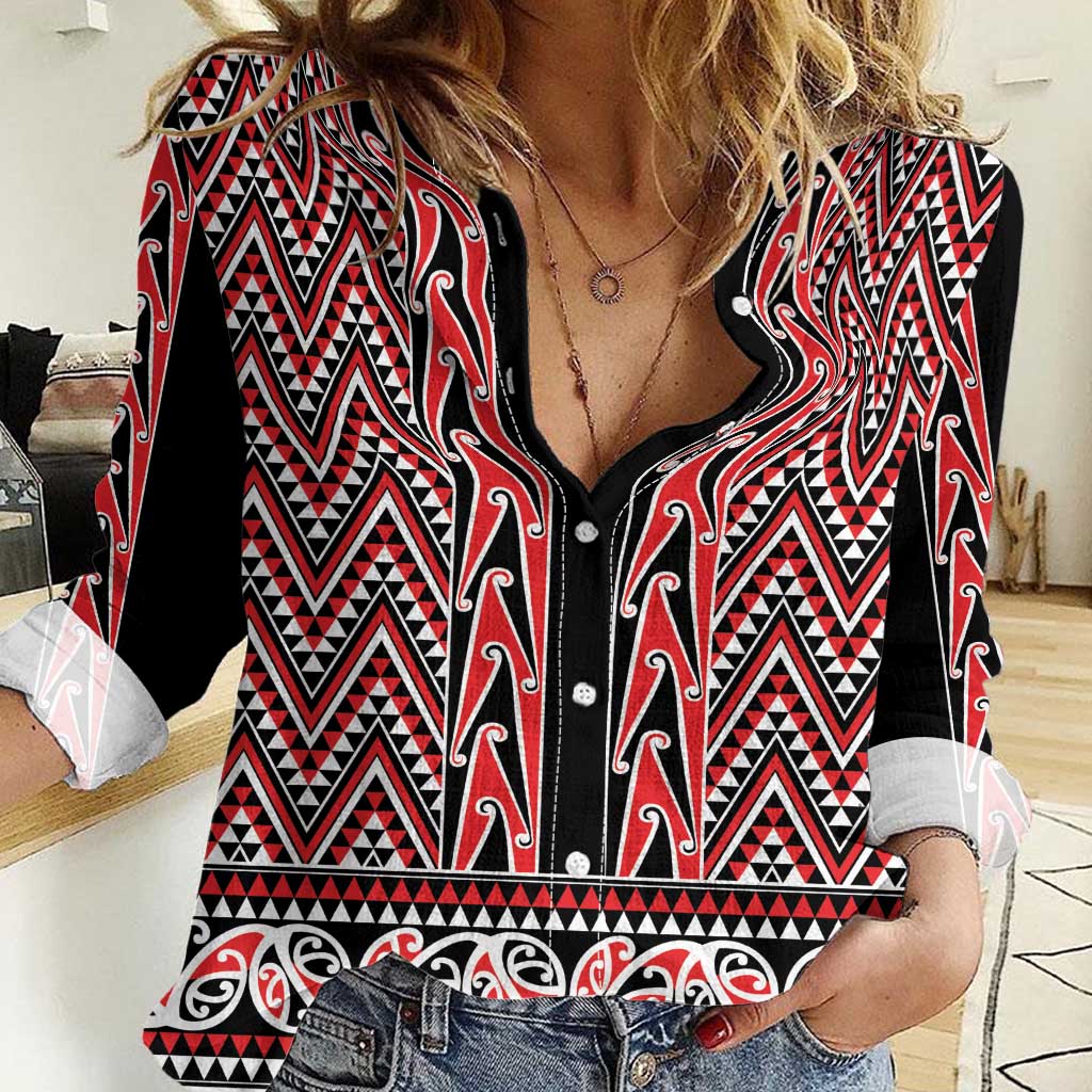 New Zealand Maori Niho Taniwha Women Casual Shirt Whero Mangopare and Puhoro Pattern