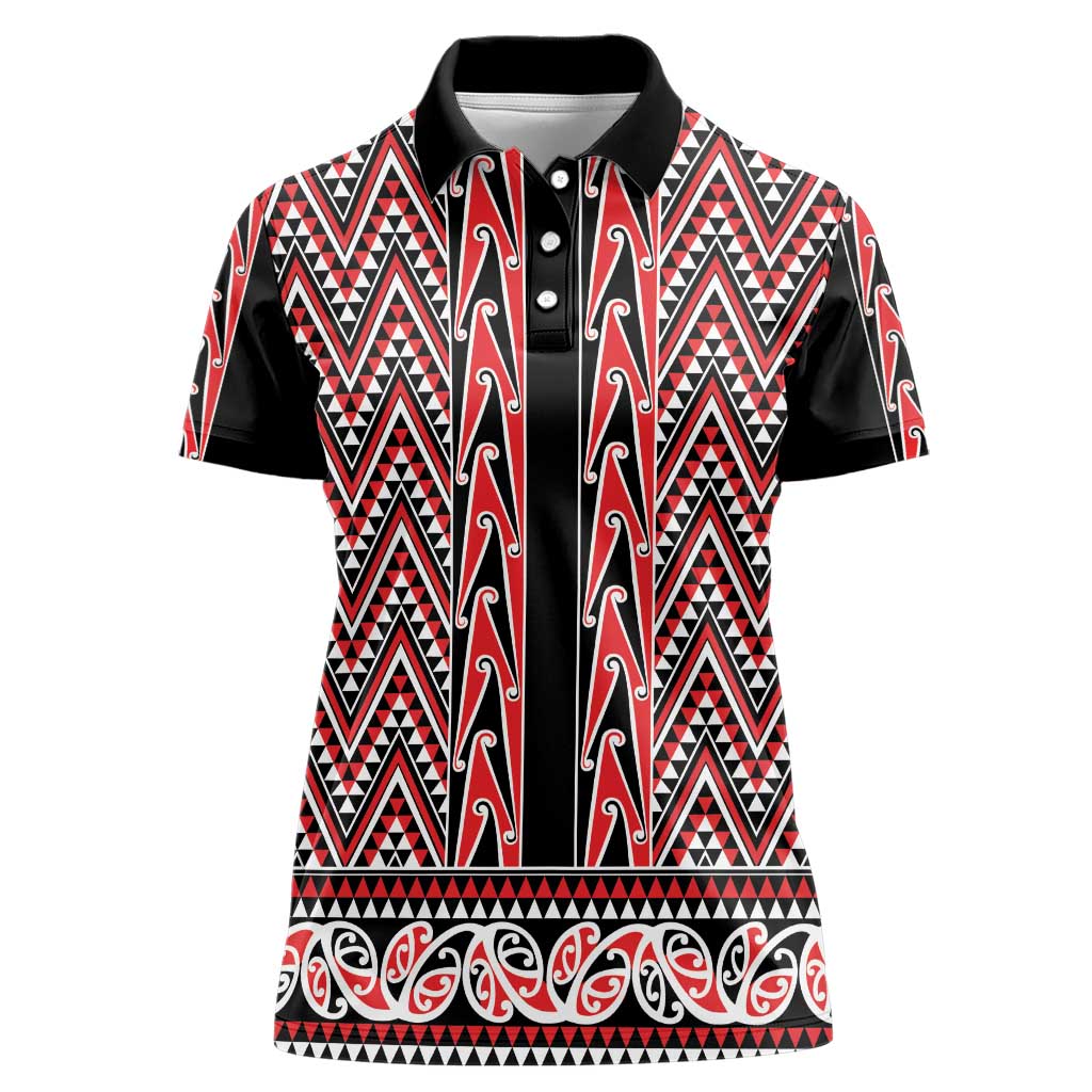 New Zealand Maori Niho Taniwha Women Polo Shirt Whero Mangopare and Puhoro Pattern