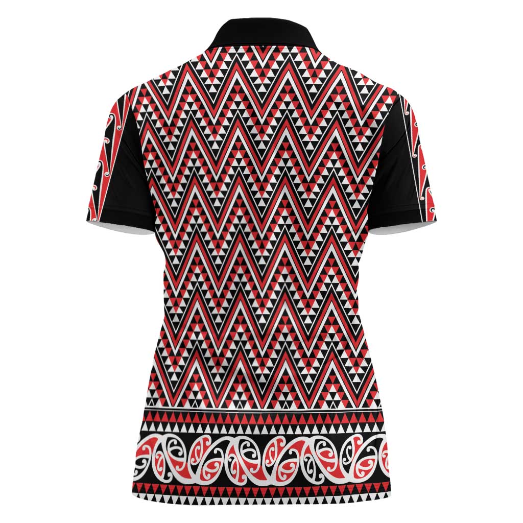 New Zealand Maori Niho Taniwha Women Polo Shirt Whero Mangopare and Puhoro Pattern