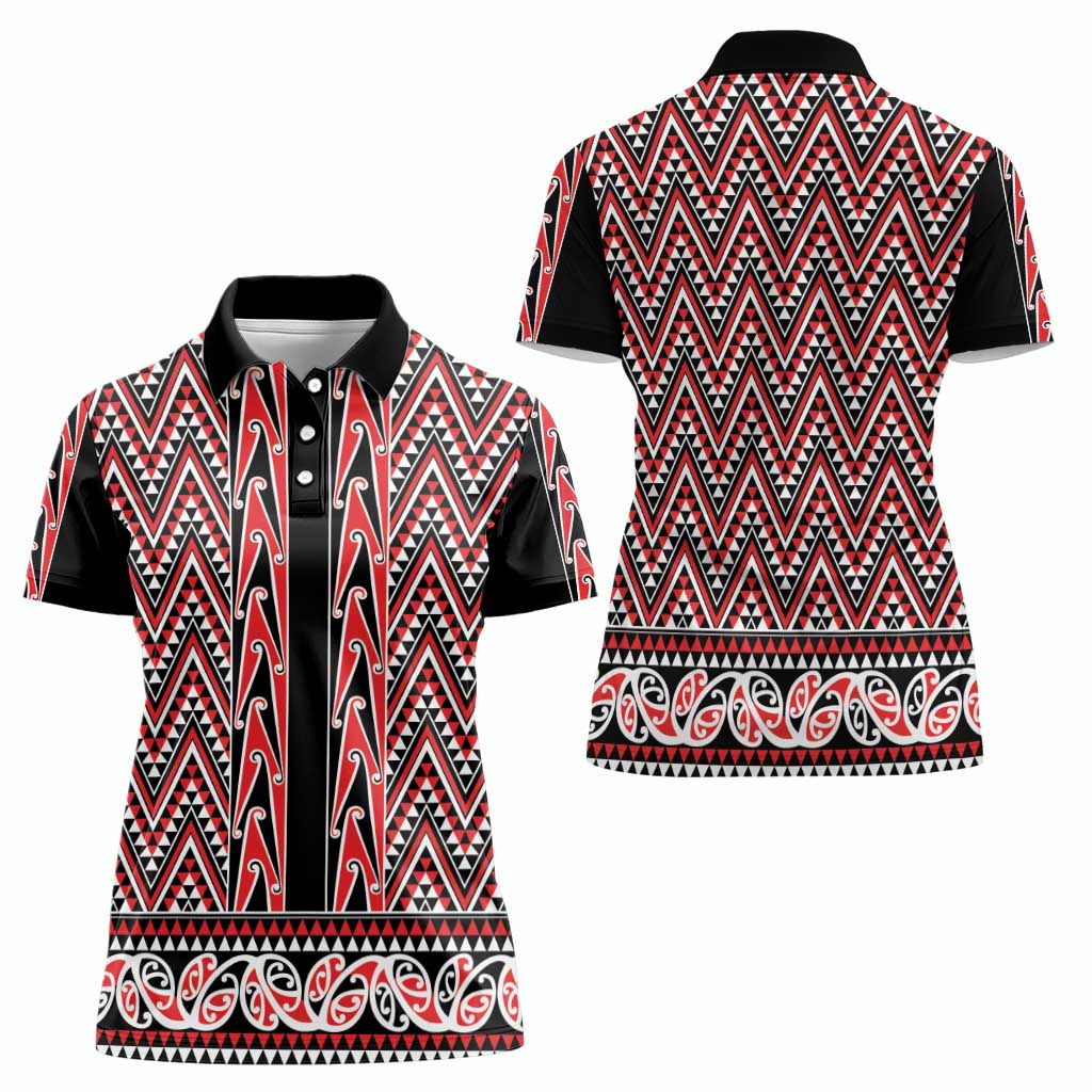New Zealand Maori Niho Taniwha Women Polo Shirt Whero Mangopare and Puhoro Pattern