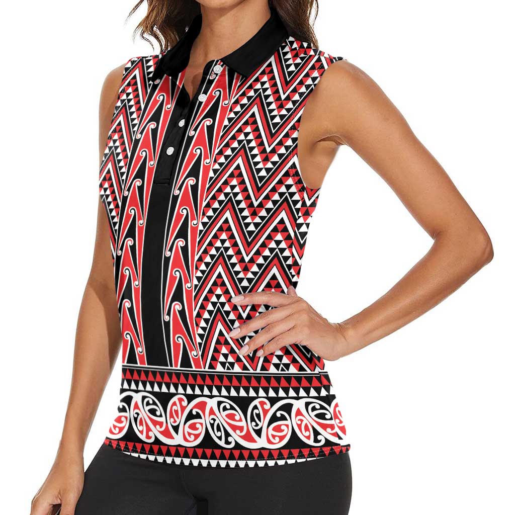 New Zealand Maori Niho Taniwha Women Sleeveless Polo Shirt Whero Mangopare and Puhoro Pattern