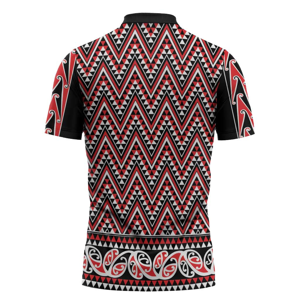New Zealand Maori Niho Taniwha Zipper Polo Shirt Whero Mangopare and Puhoro Pattern LT9 - Polynesian Pride