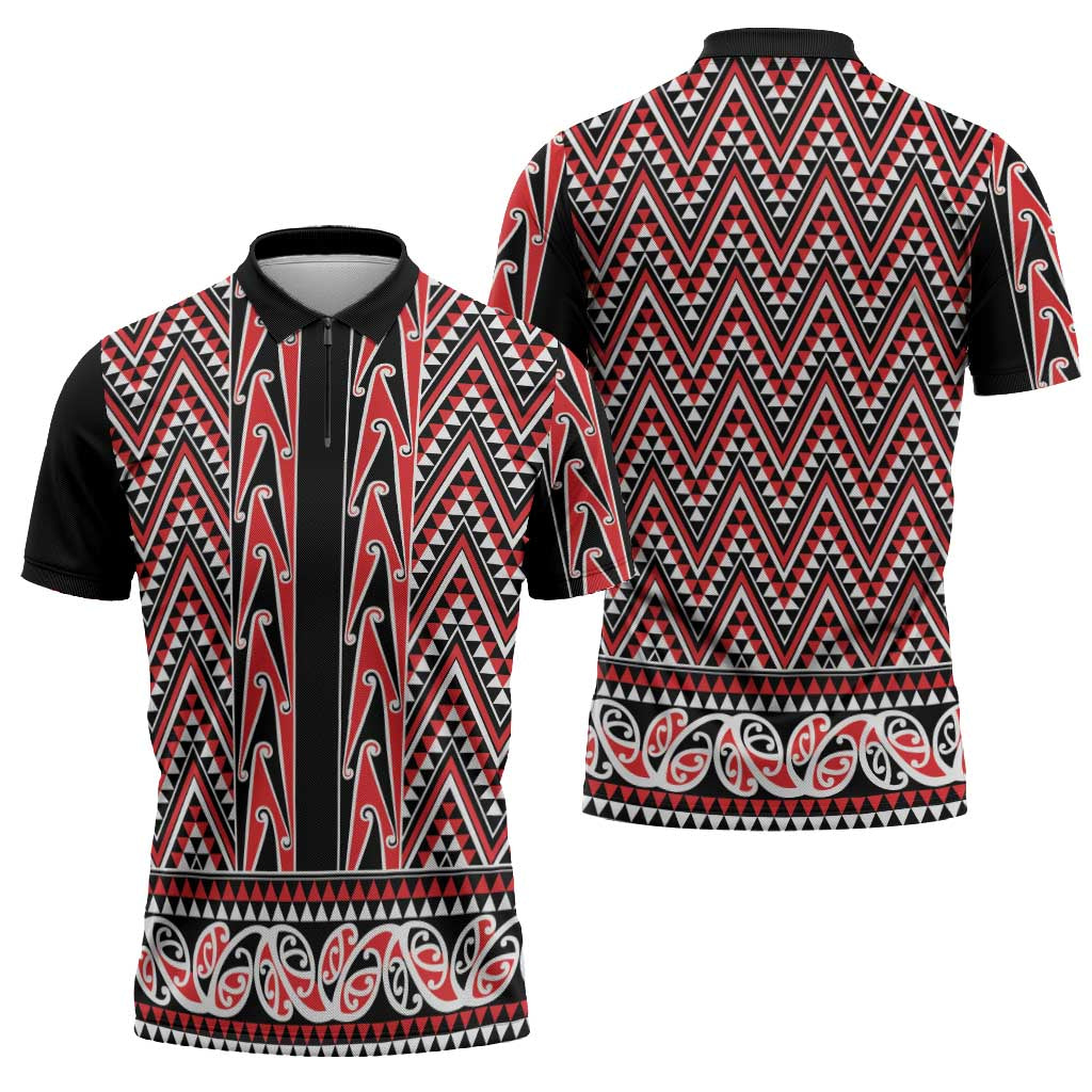 New Zealand Maori Niho Taniwha Zipper Polo Shirt Whero Mangopare and Puhoro Pattern LT9 - Polynesian Pride