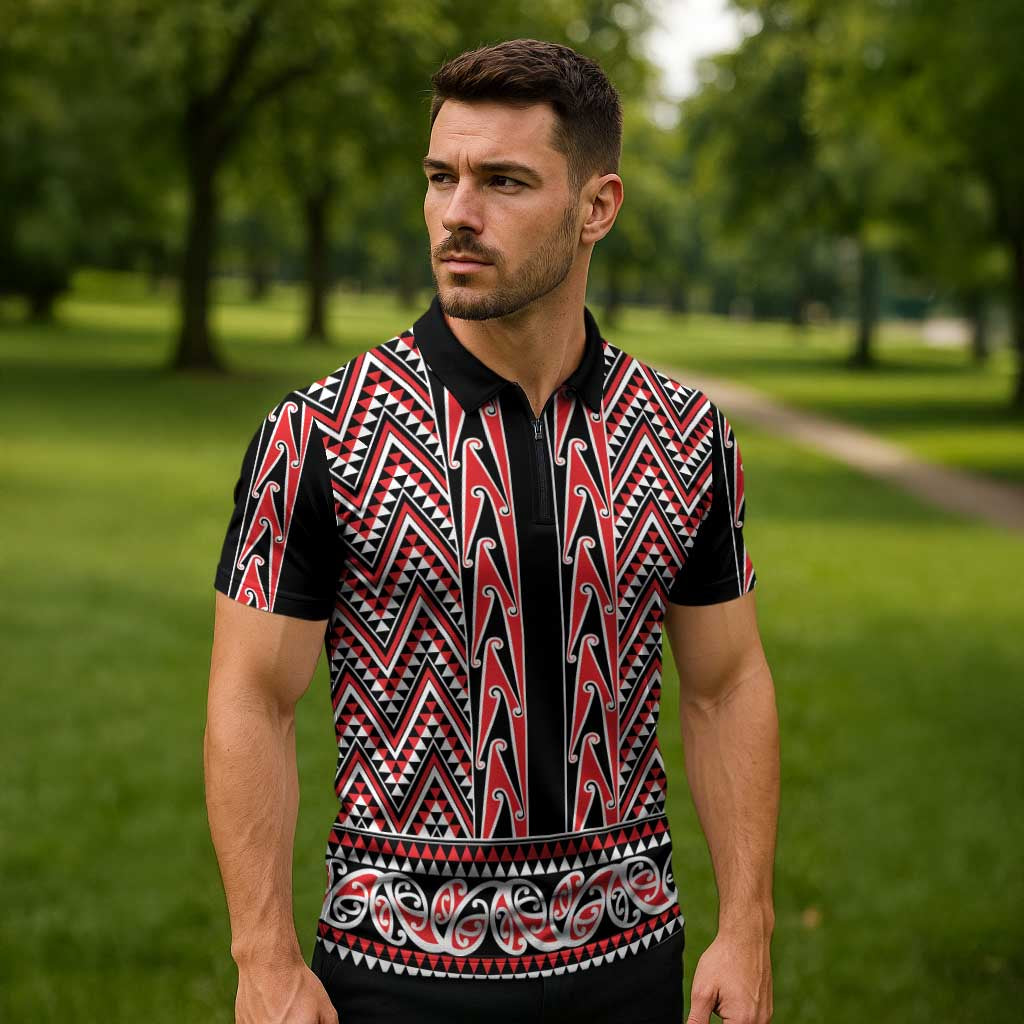 New Zealand Maori Niho Taniwha Zipper Polo Shirt Whero Mangopare and Puhoro Pattern LT9 - Polynesian Pride