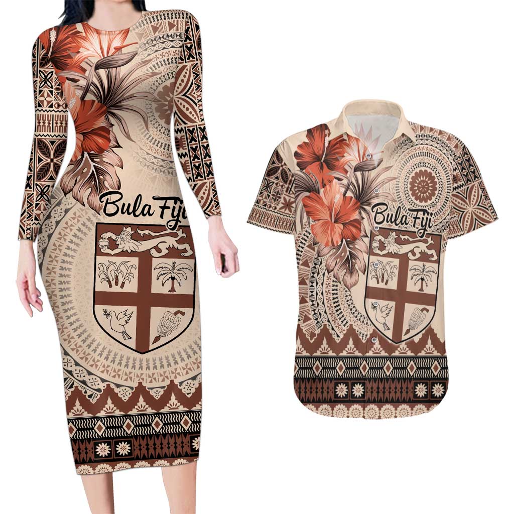 Vintage Bula Fiji Personalised Couples Matching Long Sleeve Bodycon Dress and Hawaiian Shirt Beige Hibiscus Tapa Pattern LT9 Beige - Polynesian Pride