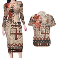 Vintage Bula Fiji Personalised Couples Matching Long Sleeve Bodycon Dress and Hawaiian Shirt Beige Hibiscus Tapa Pattern LT9 Beige - Polynesian Pride