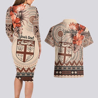 Vintage Bula Fiji Personalised Couples Matching Long Sleeve Bodycon Dress and Hawaiian Shirt Beige Hibiscus Tapa Pattern LT9 - Polynesian Pride