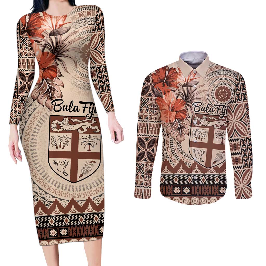 Vintage Bula Fiji Personalised Couples Matching Long Sleeve Bodycon Dress and Long Sleeve Button Shirt Beige Hibiscus Tapa Pattern LT9 Beige - Polynesian Pride