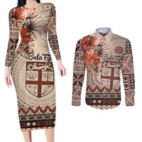 Vintage Bula Fiji Personalised Couples Matching Long Sleeve Bodycon Dress and Long Sleeve Button Shirt Beige Hibiscus Tapa Pattern LT9 Beige - Polynesian Pride