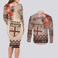 Vintage Bula Fiji Personalised Couples Matching Long Sleeve Bodycon Dress and Long Sleeve Button Shirt Beige Hibiscus Tapa Pattern LT9 - Polynesian Pride