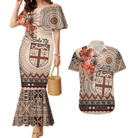 Vintage Bula Fiji Personalised Couples Matching Mermaid Dress and Hawaiian Shirt Beige Hibiscus Tapa Pattern LT9 Beige - Polynesian Pride