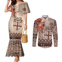 Vintage Bula Fiji Personalised Couples Matching Mermaid Dress and Long Sleeve Button Shirt Beige Hibiscus Tapa Pattern LT9 Beige - Polynesian Pride