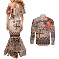 Vintage Bula Fiji Personalised Couples Matching Mermaid Dress and Long Sleeve Button Shirt Beige Hibiscus Tapa Pattern LT9 - Polynesian Pride