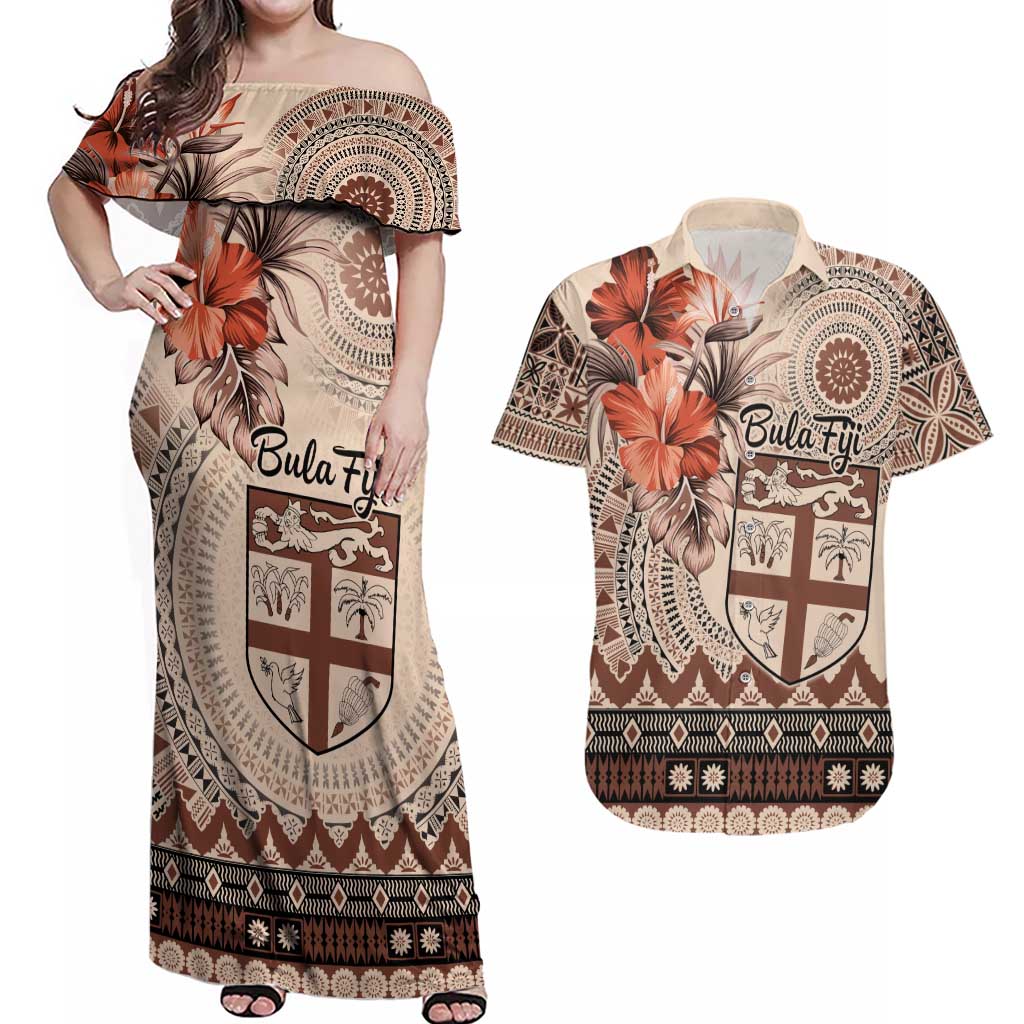 Vintage Bula Fiji Personalised Couples Matching Off Shoulder Maxi Dress and Hawaiian Shirt Beige Hibiscus Tapa Pattern LT9 Beige - Polynesian Pride