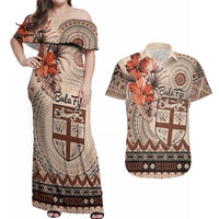 Vintage Bula Fiji Personalised Couples Matching Off Shoulder Maxi Dress and Hawaiian Shirt Beige Hibiscus Tapa Pattern LT9 Beige - Polynesian Pride