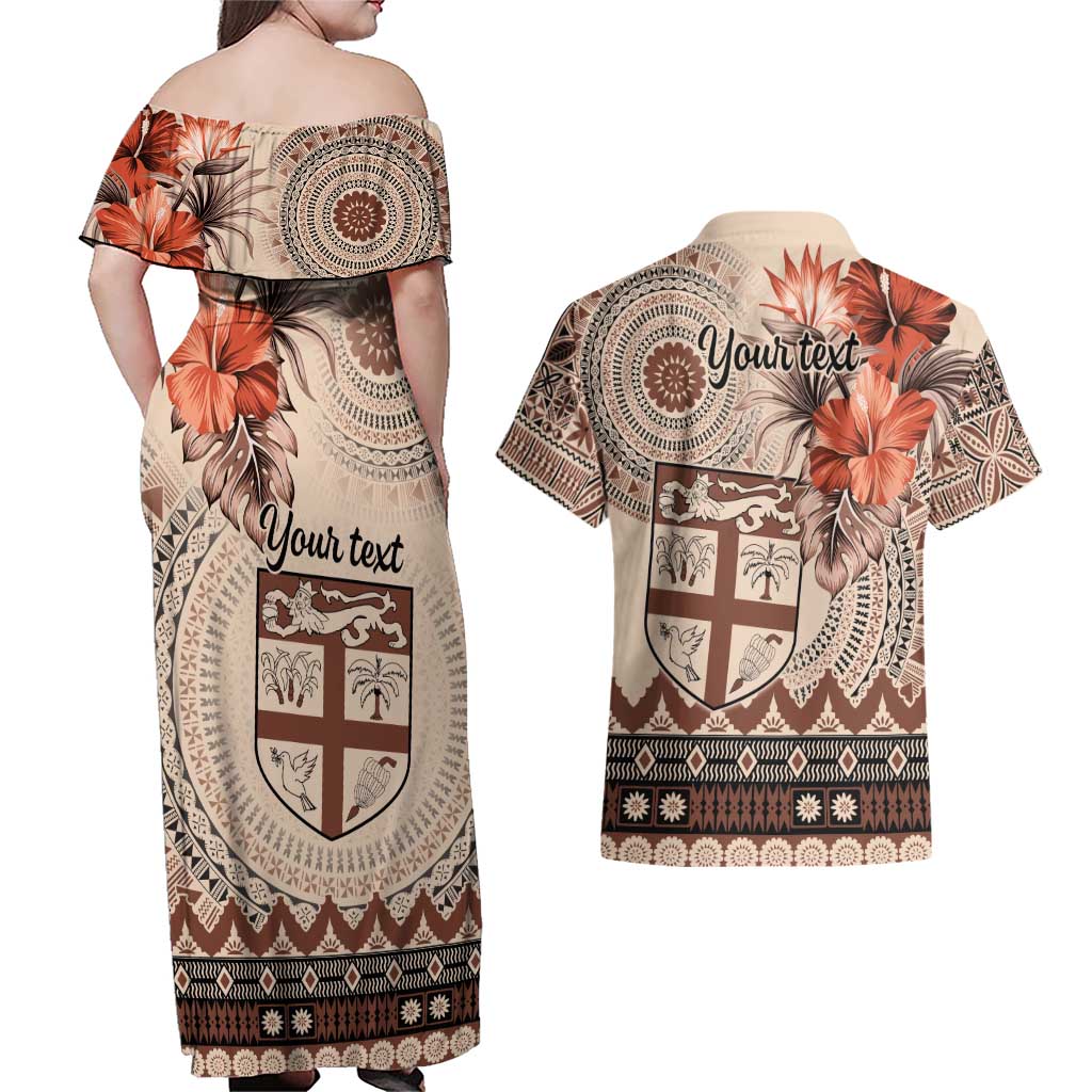 Vintage Bula Fiji Personalised Couples Matching Off Shoulder Maxi Dress and Hawaiian Shirt Beige Hibiscus Tapa Pattern LT9 - Polynesian Pride