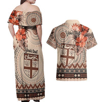Vintage Bula Fiji Personalised Couples Matching Off Shoulder Maxi Dress and Hawaiian Shirt Beige Hibiscus Tapa Pattern LT9 - Polynesian Pride