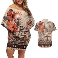 Vintage Bula Fiji Personalised Couples Matching Off Shoulder Short Dress and Hawaiian Shirt Beige Hibiscus Tapa Pattern LT9 Beige - Polynesian Pride