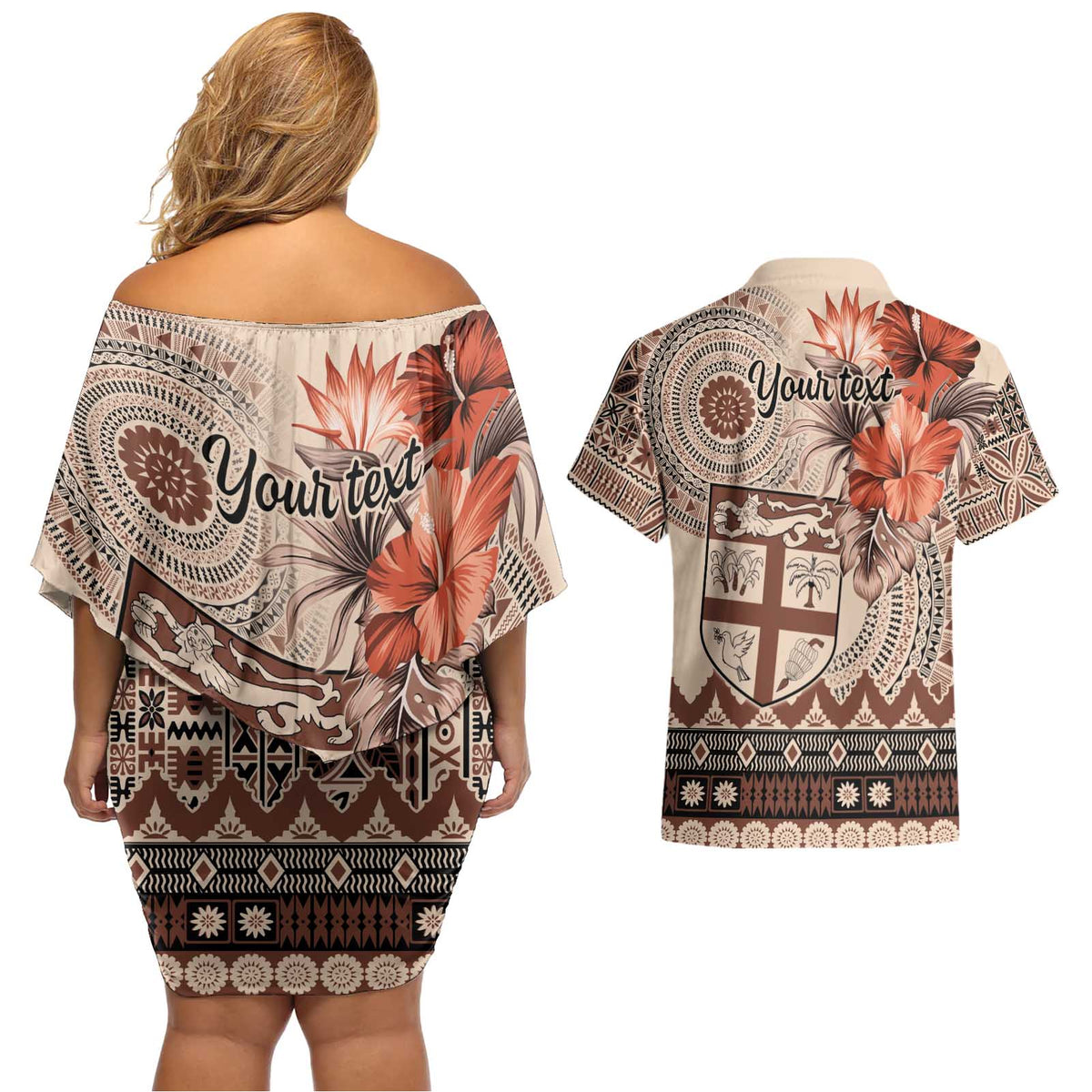 Vintage Bula Fiji Personalised Couples Matching Off Shoulder Short Dress and Hawaiian Shirt Beige Hibiscus Tapa Pattern LT9 - Polynesian Pride