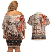 Vintage Bula Fiji Personalised Couples Matching Off Shoulder Short Dress and Hawaiian Shirt Beige Hibiscus Tapa Pattern LT9 - Polynesian Pride