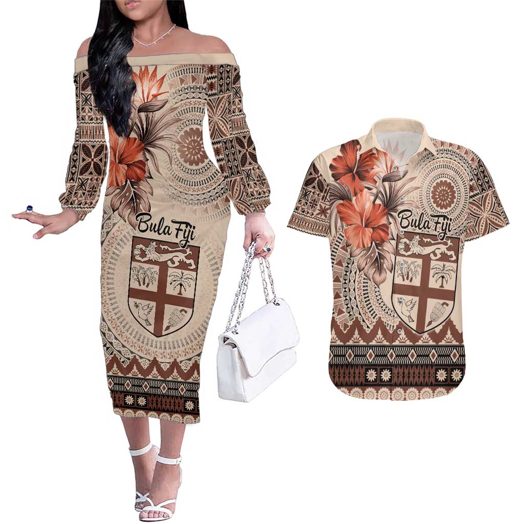 Vintage Bula Fiji Personalised Couples Matching Off The Shoulder Long Sleeve Dress and Hawaiian Shirt Beige Hibiscus Tapa Pattern LT9 Beige - Polynesian Pride