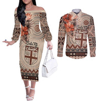 Vintage Bula Fiji Personalised Couples Matching Off The Shoulder Long Sleeve Dress and Long Sleeve Button Shirt Beige Hibiscus Tapa Pattern LT9 Beige - Polynesian Pride