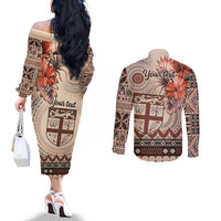 Vintage Bula Fiji Personalised Couples Matching Off The Shoulder Long Sleeve Dress and Long Sleeve Button Shirt Beige Hibiscus Tapa Pattern LT9 - Polynesian Pride