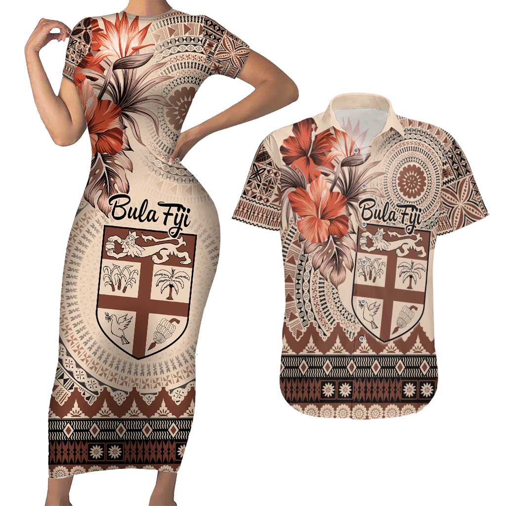 Vintage Bula Fiji Personalised Couples Matching Short Sleeve Bodycon Dress and Hawaiian Shirt Beige Hibiscus Tapa Pattern LT9 Beige - Polynesian Pride
