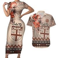 Vintage Bula Fiji Personalised Couples Matching Short Sleeve Bodycon Dress and Hawaiian Shirt Beige Hibiscus Tapa Pattern LT9 Beige - Polynesian Pride