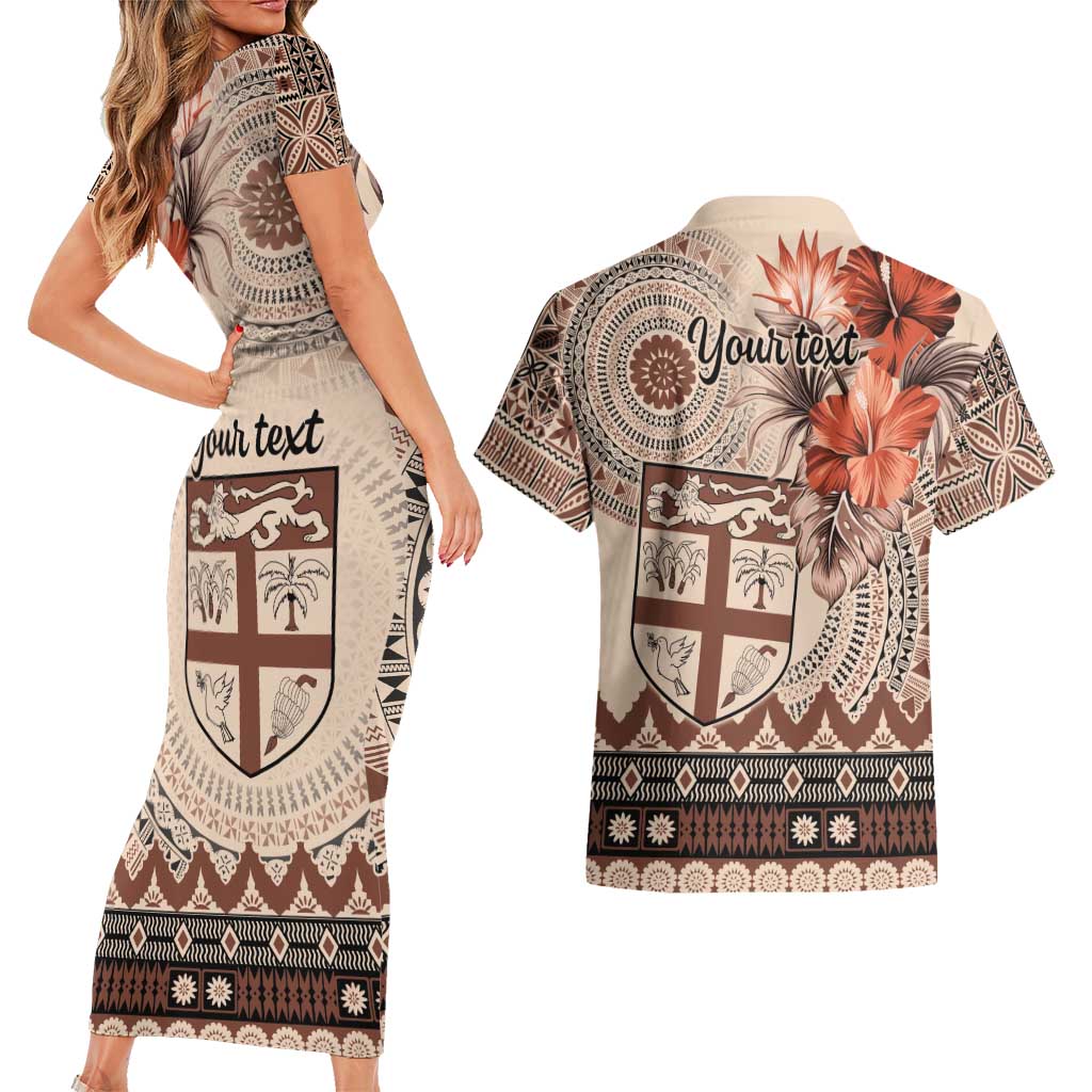 Vintage Bula Fiji Personalised Couples Matching Short Sleeve Bodycon Dress and Hawaiian Shirt Beige Hibiscus Tapa Pattern LT9 - Polynesian Pride