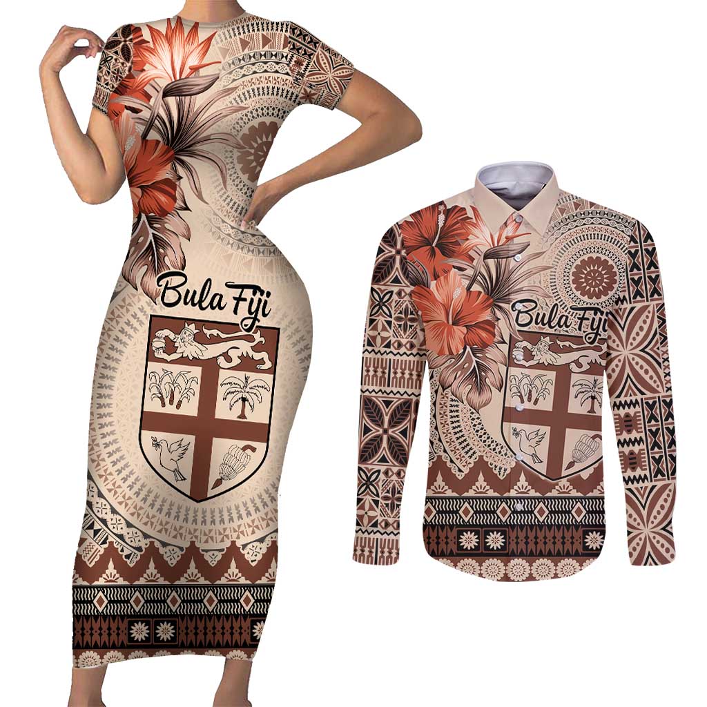 Vintage Bula Fiji Personalised Couples Matching Short Sleeve Bodycon Dress and Long Sleeve Button Shirt Beige Hibiscus Tapa Pattern LT9 Beige - Polynesian Pride