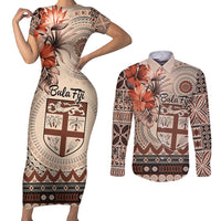 Vintage Bula Fiji Personalised Couples Matching Short Sleeve Bodycon Dress and Long Sleeve Button Shirt Beige Hibiscus Tapa Pattern LT9 Beige - Polynesian Pride